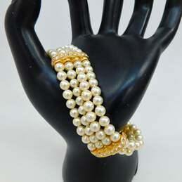 Vintage Christian Dior Icy Rhinestone Gold Tone & Faux Pearl Multi Strand Bracelet 44.9g