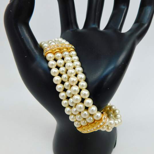 Vintage Christian Dior Icy Rhinestone Gold Tone & Faux Pearl Multi Strand Bracelet 44.9g image number 1