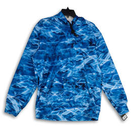 NWT Mens Blue Printed Kangaroo Pocket Long Sleeve Pullover Hoodie Size L
