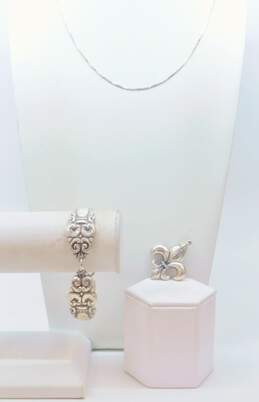 Romantic 900 & 925 Silver Fleur de Lis Pendant Necklace & Scrolled Bracelet 51.0g