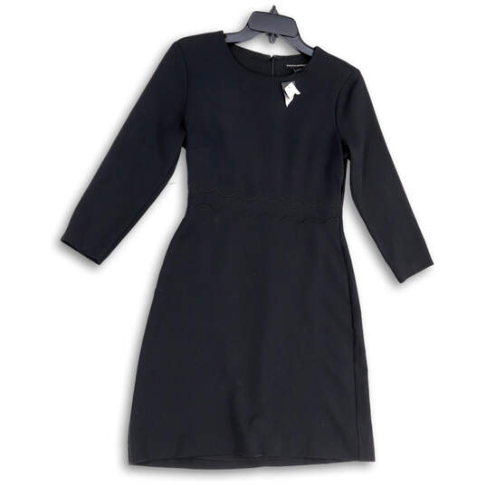 NWT Womens Black Scalloped Trim Waist 3/4 Sleeve Back Zip Sheath Dress Sz 2 image number 1