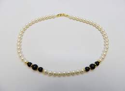Vintage Napier Goldtone Faux Pearl & Onyx Ball Beaded Necklace Matching Bracelet & Black Enamel Rope Circle Clip & Teardrop Post Earrings 62.5g alternative image