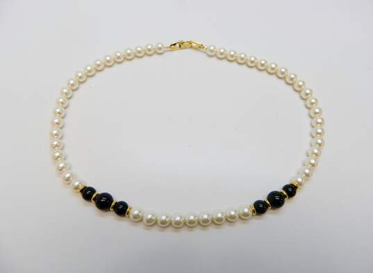 Vintage Napier Goldtone Faux Pearl & Onyx Ball Beaded Necklace Matching Bracelet & Black Enamel Rope Circle Clip & Teardrop Post Earrings 62.5g image number 2