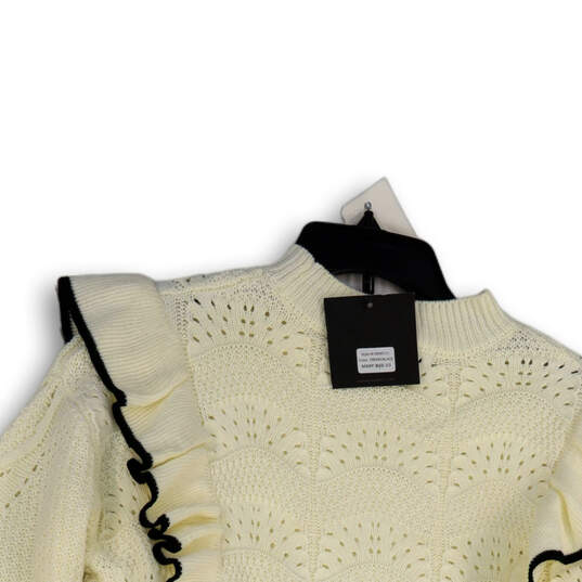 NWT Womens White Knitted Long Sleeve Ruffle Mock Neck Pullover Sweater Sz M image number 3