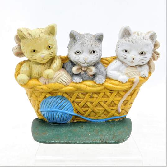 2 Vintage Cast Iron Doorstops Kittens in a Basket & Bunny With Vegetables image number 5