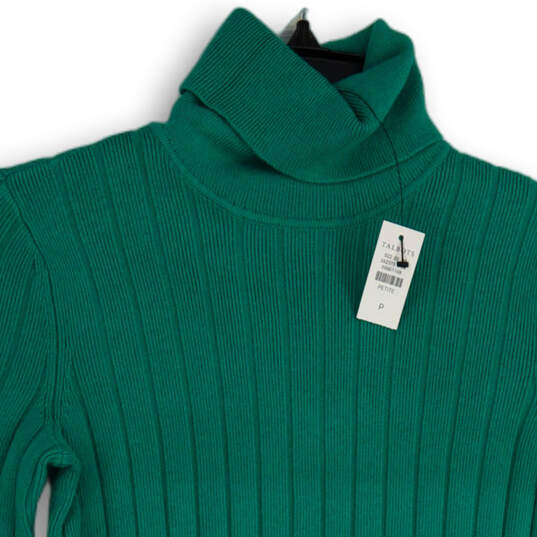 Womens Green Knitted Button Cuff Mock Neck Pullover Sweater Size P Petite image number 3