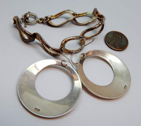 Sezgin & Artisan 925 Hammered Open Tapered Circle Drop Earrings & Textured Ovals Linked Toggle Bracelet 33g image number 4