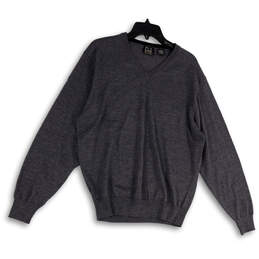 Mens Gray Tight-Knit Long Sleeve V-Neck Pullover Sweater Size Medium
