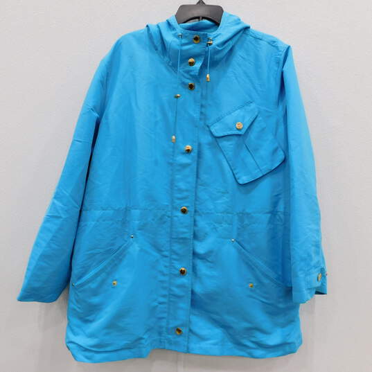 Ralph Lauren Womens Blue Hooded Zip Snap Rain Jacket w/ Gold Buttons Size 2X image number 1