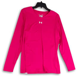 Womens Pink V-Neck Long Sleeve Heatgear Logo Pullover T-Shirt Size Large