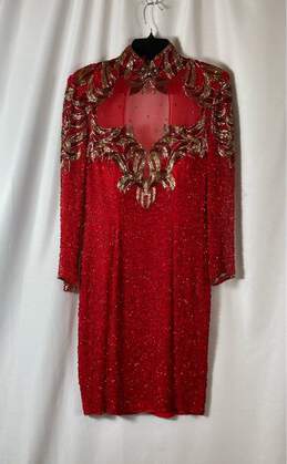 Black Tie Womens Red Silk Long Sleeve Beaded Sequin Midi Sheath Dress Size 6