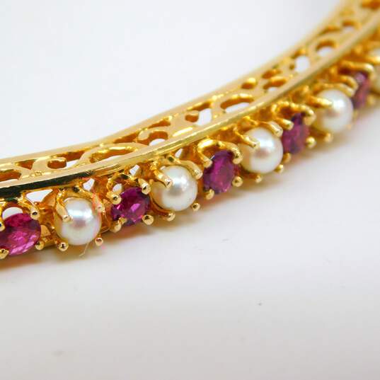 14K Yellow Gold Ruby & Pearl Hinged Bangle Bracelet 15.9g image number 6
