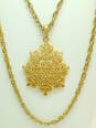 Vintage Crown Trifari Gold Tone Filigree Pendant Double Strand Necklace 66.7g image number 2