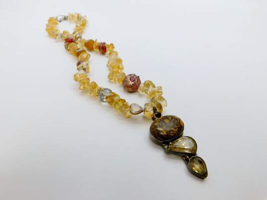 Artisan Sterling Silver Citrine Jasper & Glass Necklace Floral Earrings & Leaf Ring 95.1g image number 3