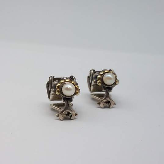 Caviar Sterling Silver 18k FW Pearl Omega Clip Smokey Topaz Earrings 8.5g image number 5