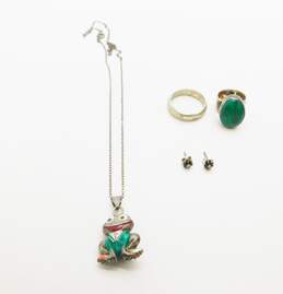 Artisan 925 Sterling Silver Frog Pendant Necklace Flower Shape Stud Earrings & Faux Malachite Rings 15.7g