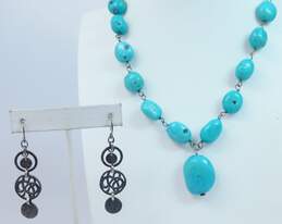Artisan 925 Faux Turquoise Pendant Beaded Necklace & Textured Squiggles & Circles Drop Earrings 74g