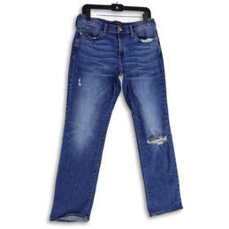 Womens Blue Denim Medium Wash Distressed Straight Leg Jeans Size 12/31
