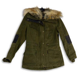Womens Green Faux Fur Collar Long Sleeve Flap Pocket Military Jacket Size M