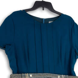 Womens Blue Gold Round Neck Short Sleeve Belted Sheath Dress Size 14 alternative image