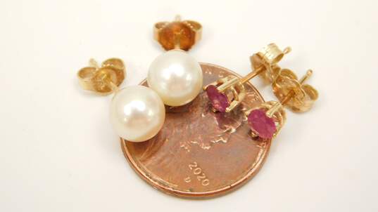 14K Yellow Gold Ruby & White Pearl Post Earrings Variety 2.0g image number 8