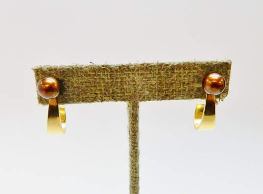 14K Yellow Gold Brown Pearl Stud J Hoop Enhancer Earrings 2.8g image number 2