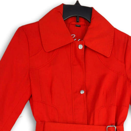 Womens Red Pleated Spread Collar Long Sleeve Midi Trench Coat Size Small image number 3