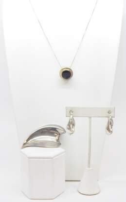 Artisan 925 Modernist Onyx Circle Pendant Necklace Electroform Twisted Oblong Hoop Earrings & Abstract Puffed Brooch 27g