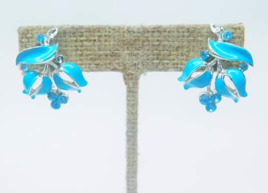 Vintage Lisner Blue Rhinestone & Enamel Floral Collar Necklace & Screw Back Earrings 74.6g image number 3