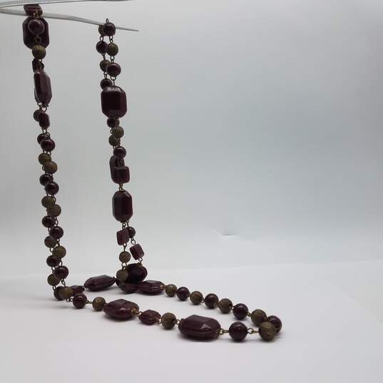 Endless Long Vintage Chocolate Brown Swirl Molded Art Glass & Brass Beaded Necklace 173.2g image number 1