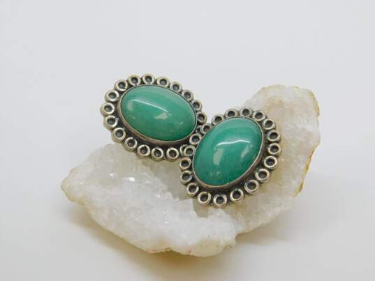 Artisan CII Signed Mexico Sterling Silver Jadeite Cabochon Clip On Earrings 20.9g image number 3