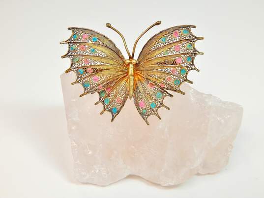 Vintage 925 Vermeil Pink & Blue Enamel Filigree Butterfly Brooch 9.3g image number 1