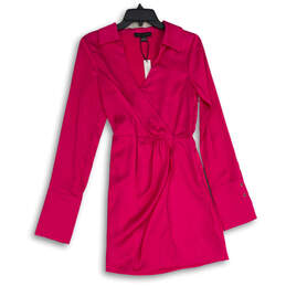 NWT Womens Hot Pink Satin Collared Cuff Detail Long Sleeve Wrap Dress Sz 0