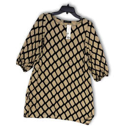 NWT Womens Tan Black Geometric 3/4 Sleeve Round Neck Shift Dress Size M