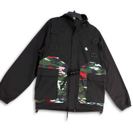Mens Black Camouflage Hooded Pockets Full-Zip Windbreaker Jacket Size Large