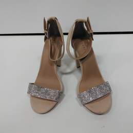 Womens Beige Ankle Strap Open Toe Studded Tapered Heel Shoes Size 9.5