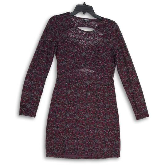 Express Womens Maroon Floral Round Neck Long Sleeve Cutout Back Sheath Dress M image number 1