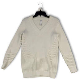 Womens White Chunky Knit Long Sleeve V-Neck Pullover Sweater Size Small