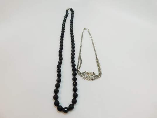 Vintage Icy Rhinestone & Black Glass Beaded Necklaces Weiss & Fashion Rhinestone Clip On Earrings 128.2g image number 3