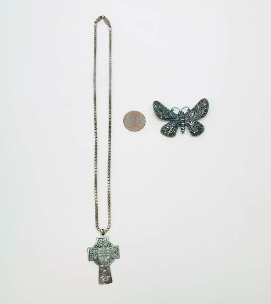 925 Sterling Silver Cross Pendant Necklace & Marcasite Butterfly Brooch 26.8g image number 6