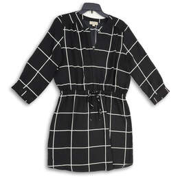 Womens Black White Check Pleated Split Neck Tie Waist Shift Dress Size L