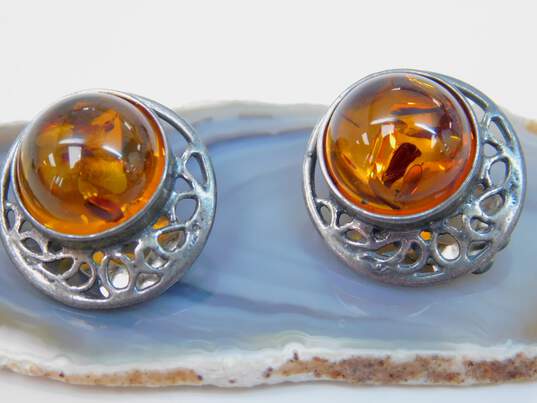 Signed Israel & Artisan 925 Amber Cabochon Circle Onyx Textured Modernist & Knot Square Clip On Earrings Variety 24g image number 6