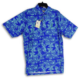 NWT Mens Blue Printed Short Sleeve Spread Collar Polo Shirt Size Medium