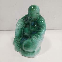 Vintage Ceramic Green Glazed Seated Happy Buddha Statue 9" alternative image