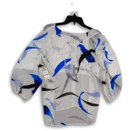 NWT Womens White Blue Spray Leaf Print V-Neck Pullover Blouse Top Size M alternative image