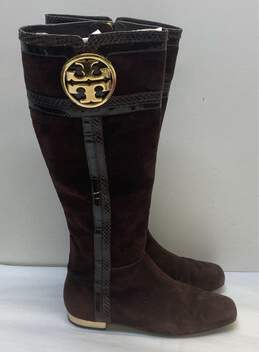 Tory Burch Suede Tall Logo Boots Mahogany 6