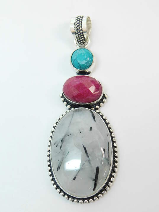 Artisan 925 Dyed Red & Rutilated Quartz & Faux Turquoise Granulated Pendant 15.8g image number 6