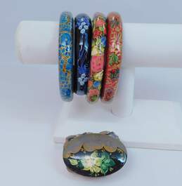 Vintage Russian Hand Painted Wooden Bangle Bracelets & Brooch 58.1g