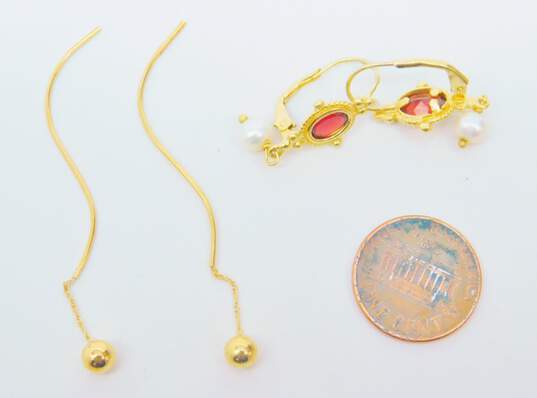 14K Gold Garnet Pearl Lever Back & Ball Bead Threader Earrings 3.3g image number 5