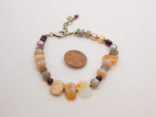 Peyote Bird 925 Southwestern Labradorite Sunstone Peach Agate Garnet & Pearl Beaded Bracelet 13.5g image number 3